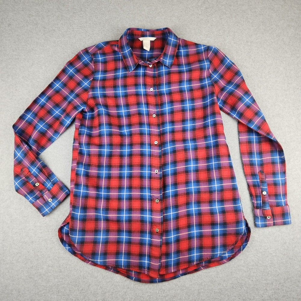 H&M Womens Red‎ Blue Plaid Long Sleeve Button Down Shirt Size 4